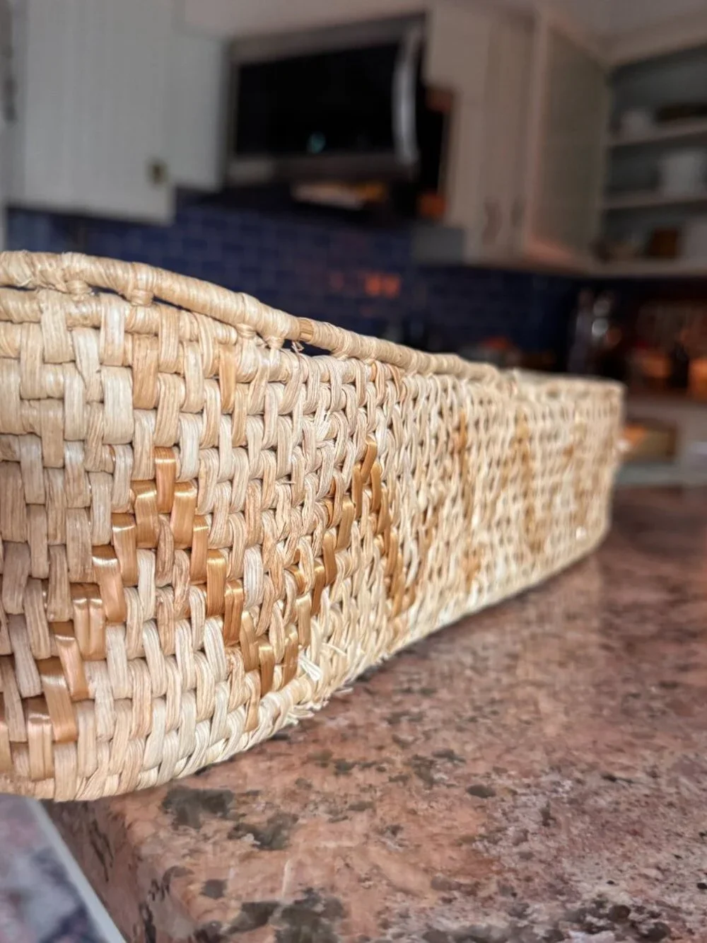Vintage Woven Natural Rattan Long Bread Basket / Catchall Tray